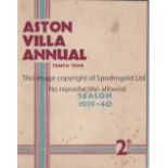 ASTON VILLA Official handbook for season 1939/40 with ageing marks on the front cover. Generally