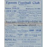 EPSOM Four page programme Epsom v Grays Athletic London League 10/12/1938. Horizontal fold. No