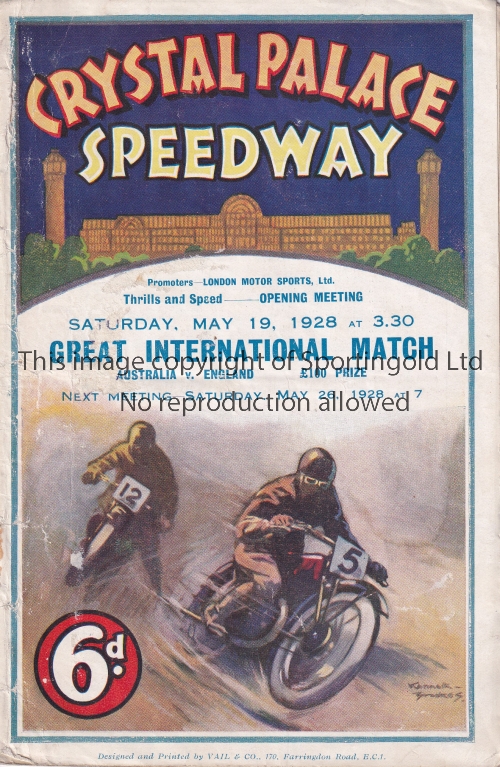 SPEEDWAY ENGLAND / AUSTRALIA Crystal Palace Speedway home programme England v Australia 19/5/1928.