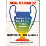 1981 EUROPEAN CUP FINAL Real Madrid v Liverpool played 27/5/1981 at Parc des Princes, Paris.