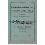READING Fixture list for Reading Football Club 1934/35. Good