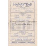 HAMPSTEAD Home programme v Uxbridge Town FA Cup Qualifying Round 17/9/1932. Lacks staples. Tiny