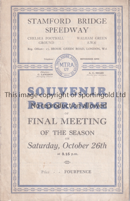 SPEEDWAY CHELSEA Stamford Bridge Speedway home programme 26/10/1929 (Final meeting of the season)