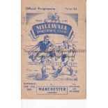 MANCHESTER UNITED Programme for the away FA Cup tie v Millwall 1952/3, slightly worn and scores