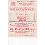 ARSENAL Programme for the away Friendly v. Ramsgate 1/4/1965. Good