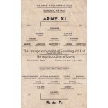 MILITARY MATCH Single card programme Army XI v RAF in Bombay 7/5/1944. Players from Manchester