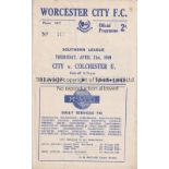 COLCHESTER UNITED Away programme for the Southern League match v. Worcester City 21/4/1949, very