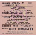 MUHAMMAD ALI AT ARSENAL Ticket for the Muhammad Ali v Henry Cooper World Heavyweight Championship