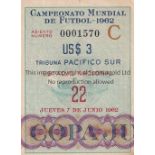 1962 WORLD CUP CHILE Ticket for Italy v Switzerland 7/6/1962 at the National Stadium. Good