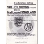 ENGLAND Scarce programme for match v VfR Heilbronn dated 9 June 1988, played in Germany prior to