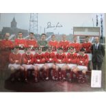 MANCHESTER UNITED Three 16 x 12 photos, 1 colour and 2 B/W, of former players Denis Law as part of a