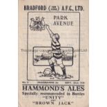 BRADFORD PARK AVENUE Home programme v. Bradford City 23/9/1944, slightly creased and scores entered.