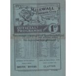 MILLWALL V CLAPTON ORIENT 1934 Programme for the League match at Millwall 13/10/1934, folded in four