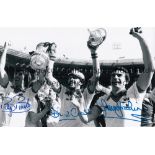 WEST HAM UNITED 1980 B/W 12 x 8 photo of Brooking, Bonds and Cross celebrating with the FA Cup