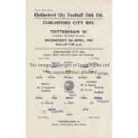 TOTTENHAM HOTSPUR Single sheet programme for the away Eastern Counties League match v. Chelmsford