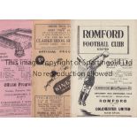 COLCHESTER UNITED Three away programmes for Reserve team matches v. Romford 29/11/1952 East