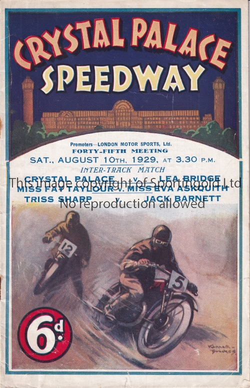 SPEEDWAY CRYSTAL PALACE Crystal Palace Speedway home programme v Lea Bridge 10/8/1929. Lacks staples