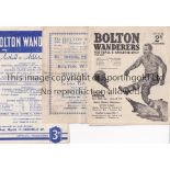 BOLTON Three Bolton Wanderers home programmes v Middlesbrough 1946/47, Arsenal 1950/51 and Sheffield
