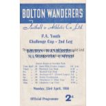 BOLTON FA YOUTH CUP Four page programme Bolton Wanderers v Manchester United FA Youth Cup Semi Final