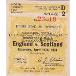 ENGLAND / SCOTLAND TICKET Ticket England v Scotland at Wembley 14/4/1934. Generally good/good