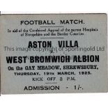 VILLA / WEST BROM Ticket Aston Villa v West Bromwich Albion at Gay Meadow, Shrewsbury 19/3/1925 in