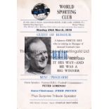 BERTIE MEE / ARSENAL World Sporting Club menu / programme at Grosvenor House for a salute to