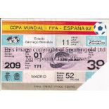 1982 WORLD CUP FINAL Ticket for Italy v Germany in Madrid 11/7/1982. One corner removed on entry.