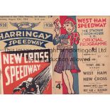 SPEEDWAY 1938 Three programmes from 1938. West Ham v New Cross 7/6/1938, New Cross v West Ham 31/8/