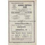 ARSENAL Programme for the away Will Mather Cup match v. Hendon 26/4/1948, score on cover, team