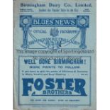 BIRMINGHAM Programme Birmingham City v Liverpool 29/11/1924. Lacks staples. Half-times in pencil.