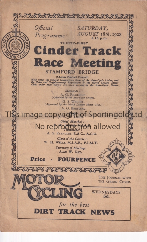 SPEEDWAY CHELSEA Stamford Bridge Speedway home programme 18/8/1928 (first season of Speedway at