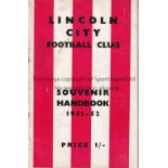 LINCOLN CITY Handbook 1951/2 with some writing on cover and staples rusted away. Fair