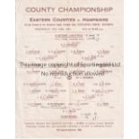 RUGBY UNION Single sheet programme for Eastern Counties v Hampshire 18/11/1925 played at Southend