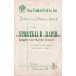 BURY / FESTIVAL OF BRITAIN Programme for the home match v Sportklub Rapid Vienna 12/5/1951 very