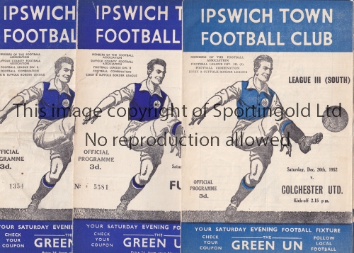 IPSWICH TOWN Ten home programmes V. Colchester 52/3, Orient 53/4 creased, Fulham, Bristol Rov.