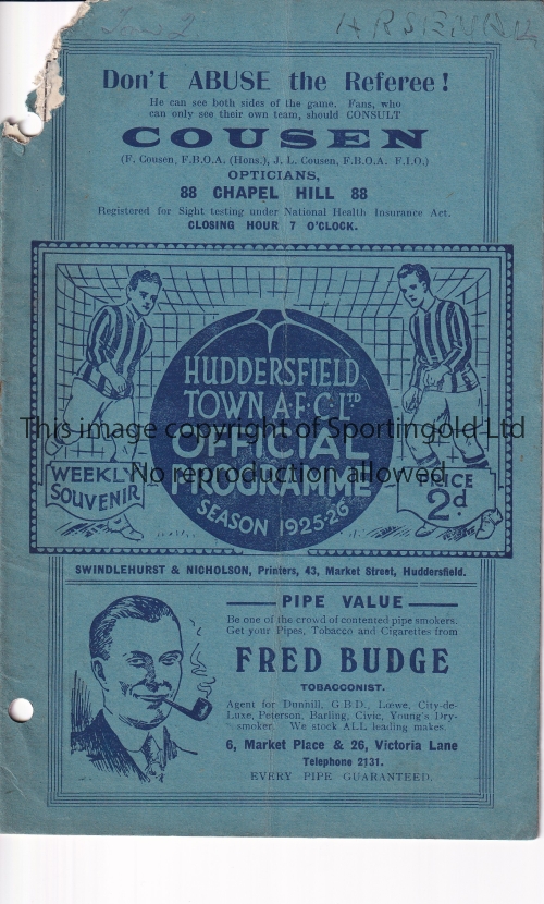HUDDERSFIELD V ARSENAL 1925 Programme for the League match at Huddersfield 5/12/1925. The top left