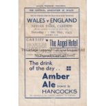 WALES V ENGLAND 1943 Programme for the International in Cardiff 8/5/1943, repair to spine and