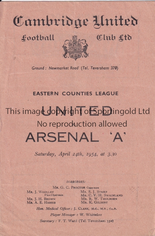 CAMBRIDGE UNITED / ARSENAL Programme Cambridge United v Arsenal 'A' Eastern Counties League 24/4/