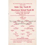 MANCHESTER UNITED Single card programme for the away Youth Cup match v Stoke 22/3/1961, horizontal