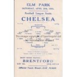 CHELSEA Single sheet programme v Reading played at Elm Park 29/4/1944 after the teams hurriedly