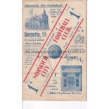 NORWICH CITY V CRYSTAL PALACE 1906 Programme for the Southern League match at Norwich 20/10/1906,