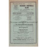 ARSENAL Programme for the away Will Mather Cup match v Hendon 1/5/1950, very slightly discoloured
