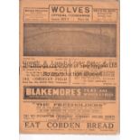 WOLVES V ARSENAL 1938 Programme for the FA Cup tie at Wolves 22/1/1938 , horizontal crease and