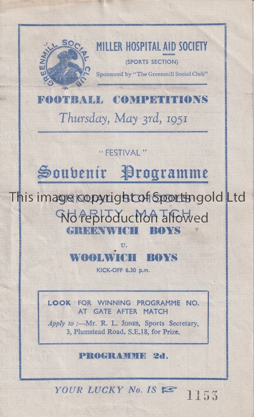CHARLTON / F.O.B. Four page programme Woolwich Boys v Greenwich Boys at The Valley 3/5/1951 Festival