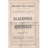 BLACKPOOL V ROCHDALE 1942 Programme for the Lancashire Cup match at Blackpool 2/5/1942, folded and