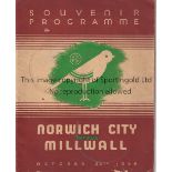 NORWICH Home programme v Millwall 29/10/1938 with outer brown cover. Some small tears. Fair to