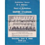 HEARTS Programme for the away Friendly v. British Columbia Allstars 4/6/1960 in Vancouver. The