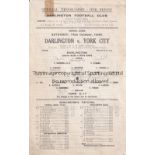 DARLINGTON V YORK CITY 1944 Single sheet programme for the FL North match at Darlington 14/10/1944