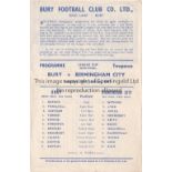 1963 LEAGUE CUP S-F / BURY V BIRMINGHAM POSTPONED Single sheet programme for the match at Bury due