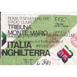 ITALY V ENGLAND 1976 TICKET Heavily creased ticket for the match in Rome 17/11/1976. Fair